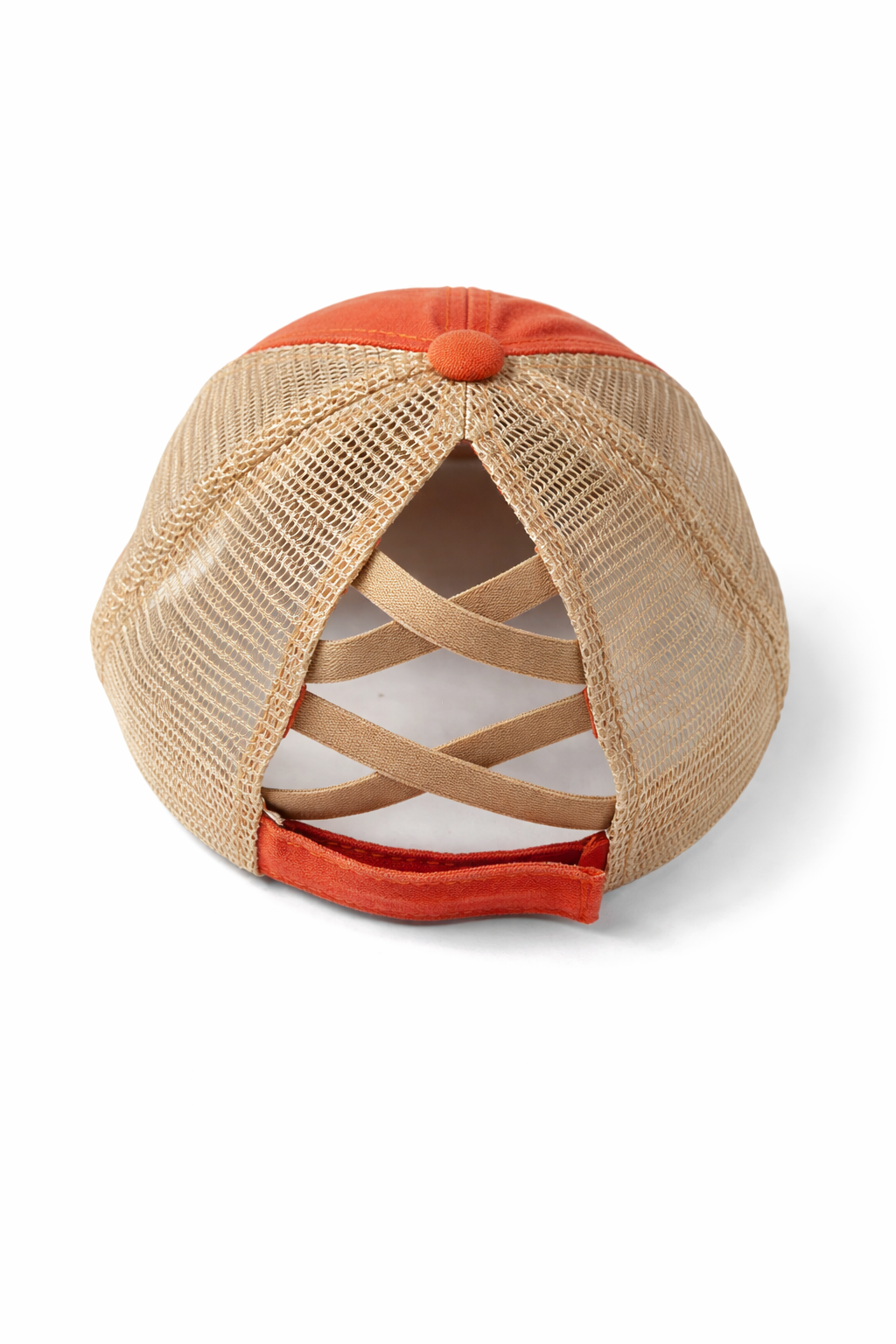 Distressed Orange Criss-Cross Ponytail Trucker Hat
