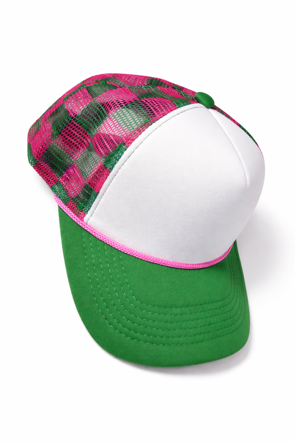 Hot Pink & Green Checkered Trucker Hat | Custom Patch Hat Base