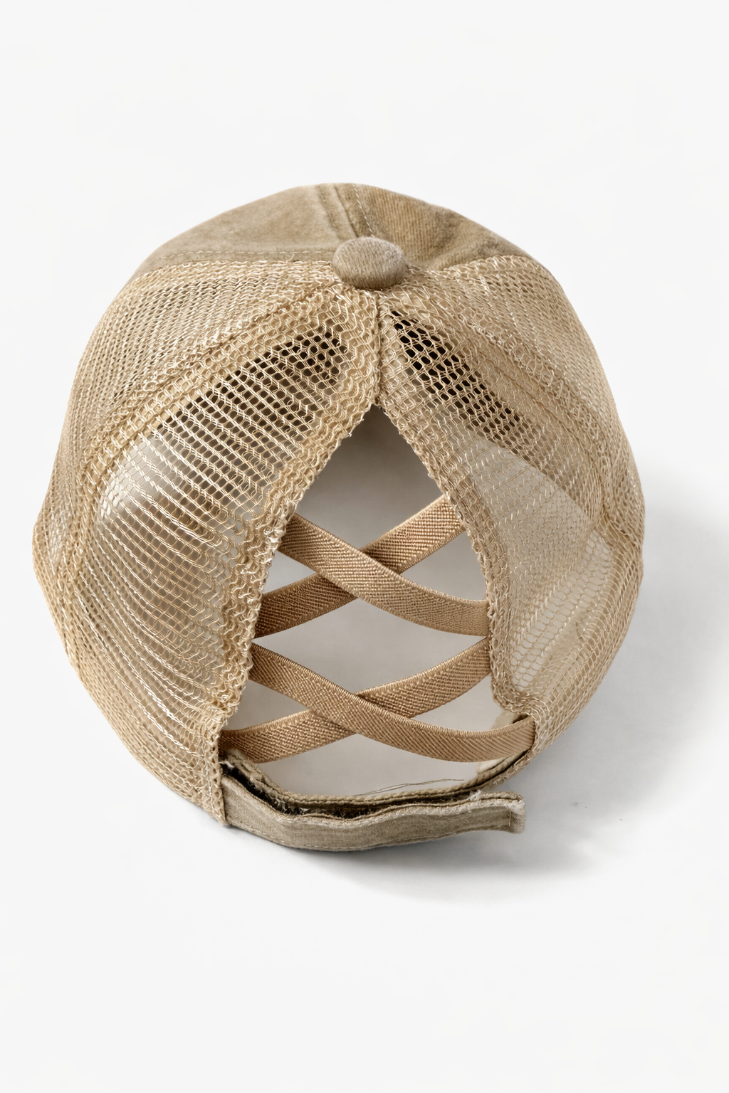 Distressed Beige Criss-Cross Ponytail Trucker Hat