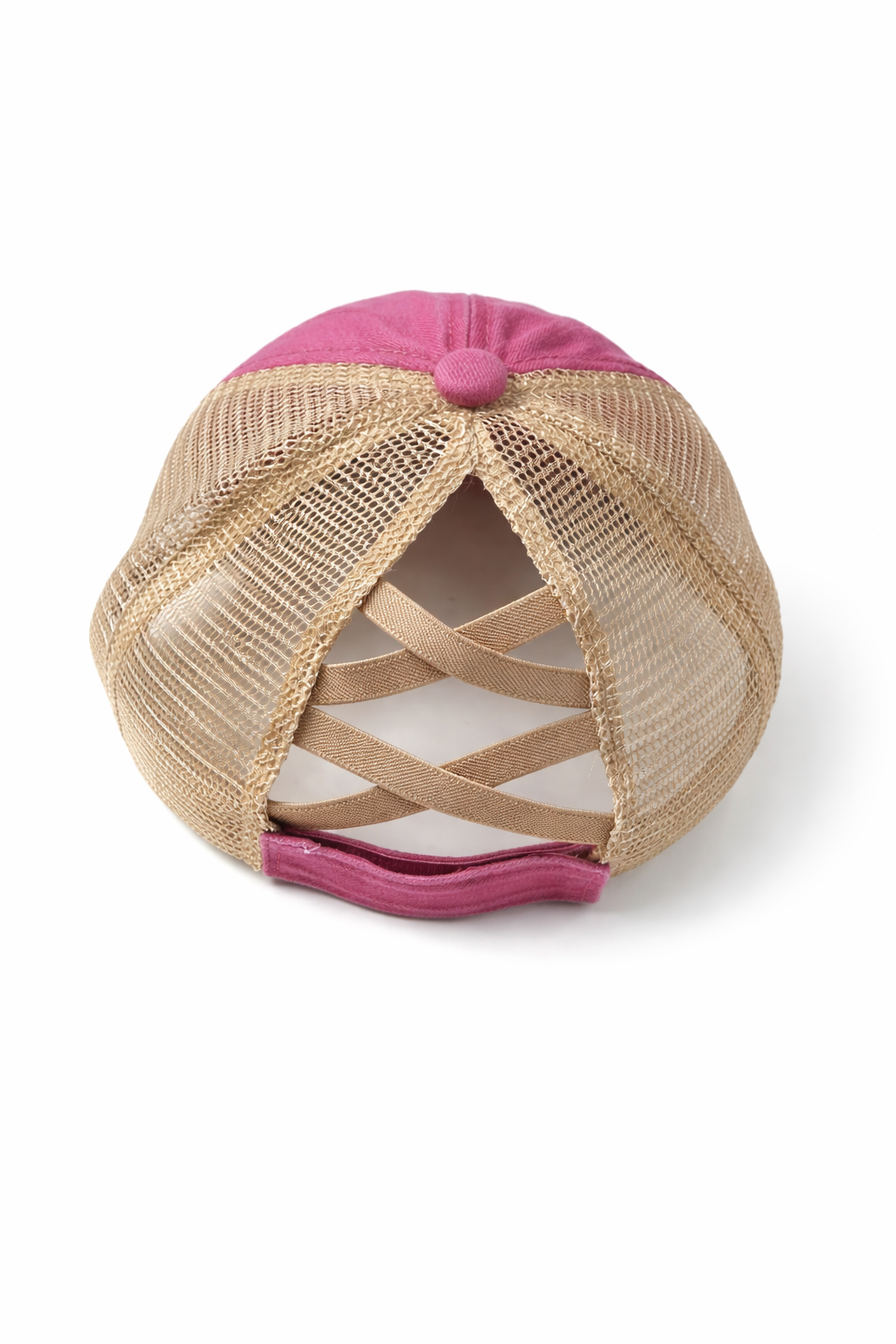Distressed Pink Criss-Cross Ponytail Trucker Hat