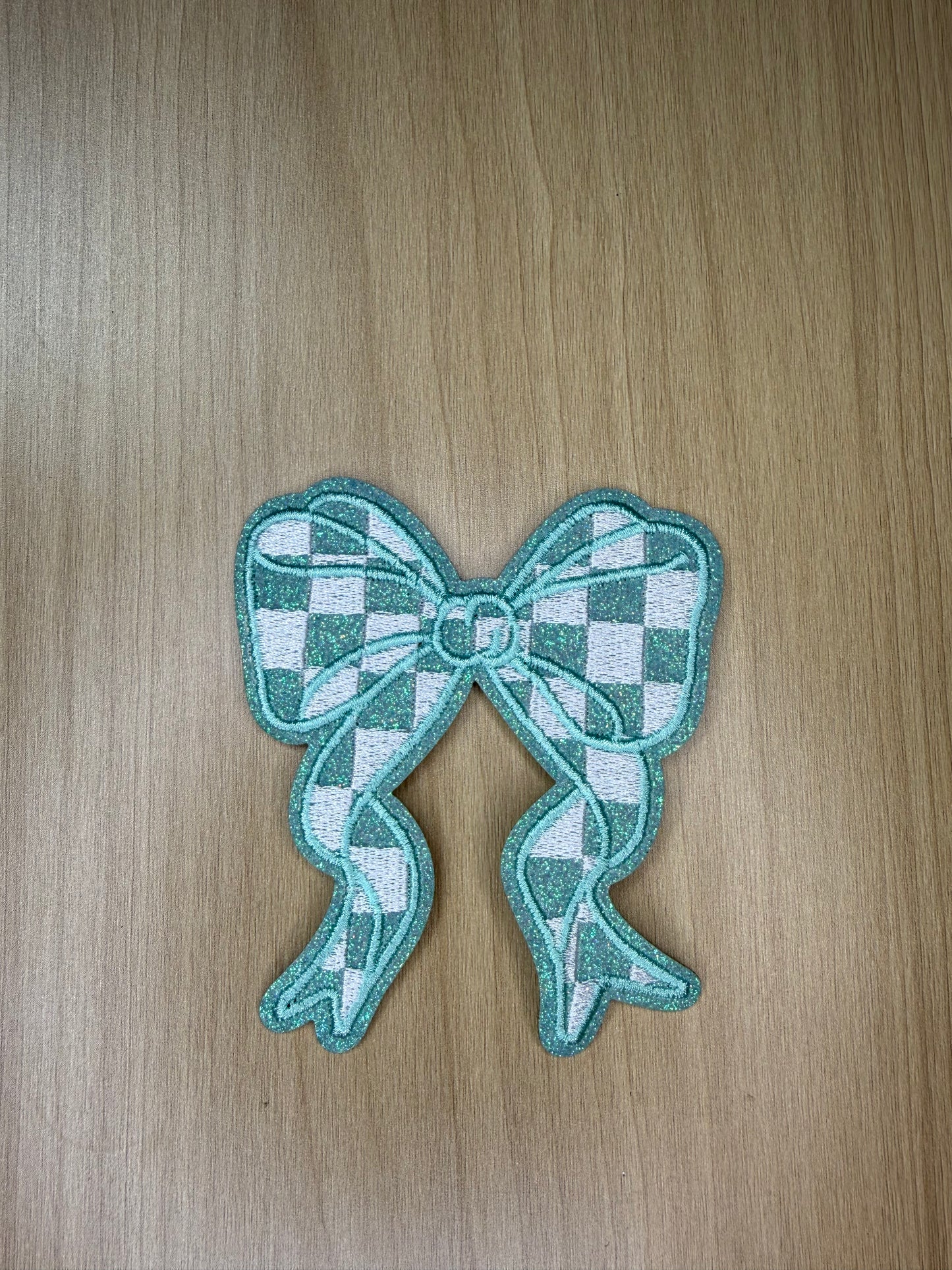 3” Glitter Bow Iron on Patch Mint/White Checkered