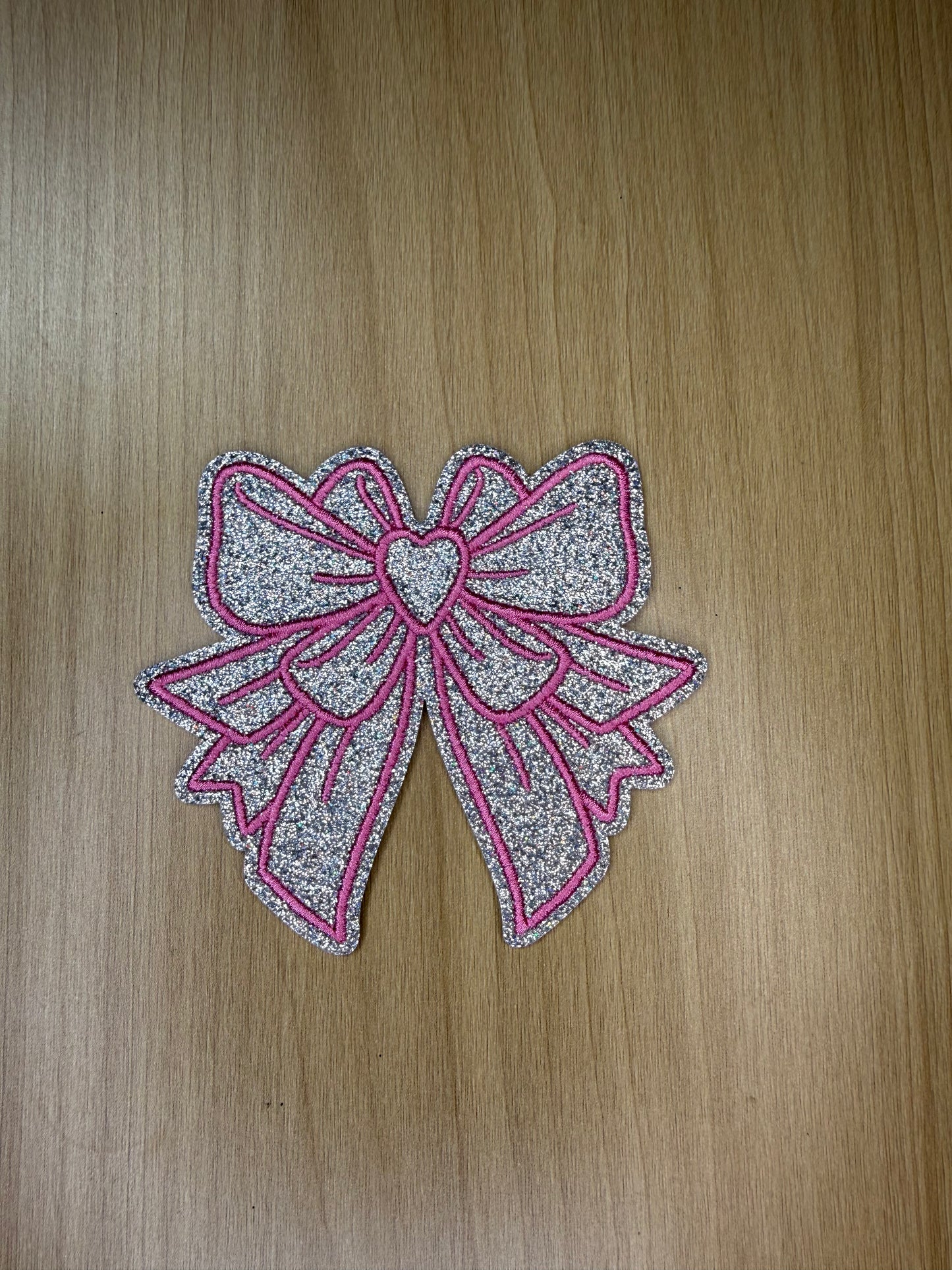 3” Glitter Bow Iron on Patch Pink/Silver