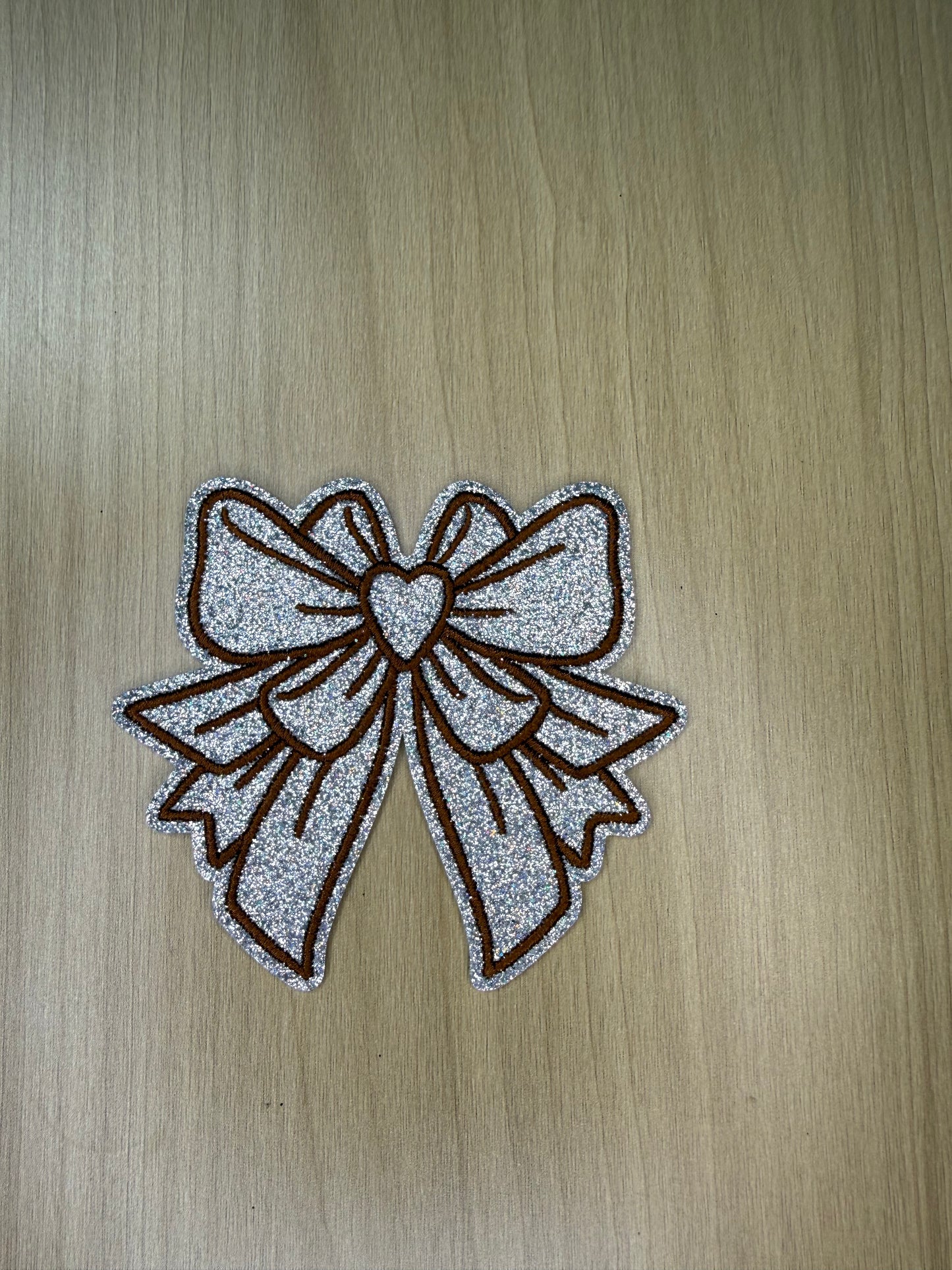 3” Glitter Bow Iron on Patch Brown/Silver