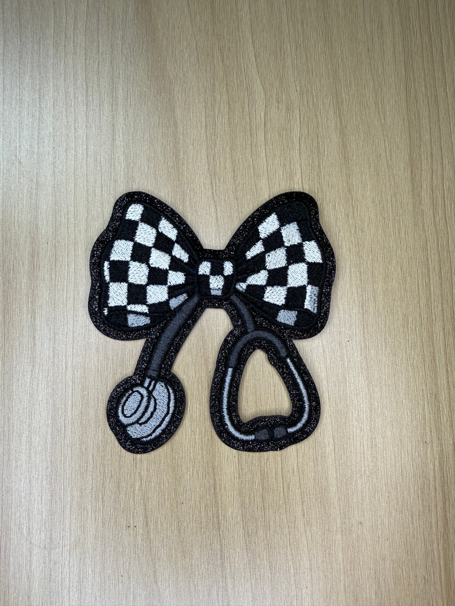 3” Glitter Bow Iron on Patch Black/White Stethascope