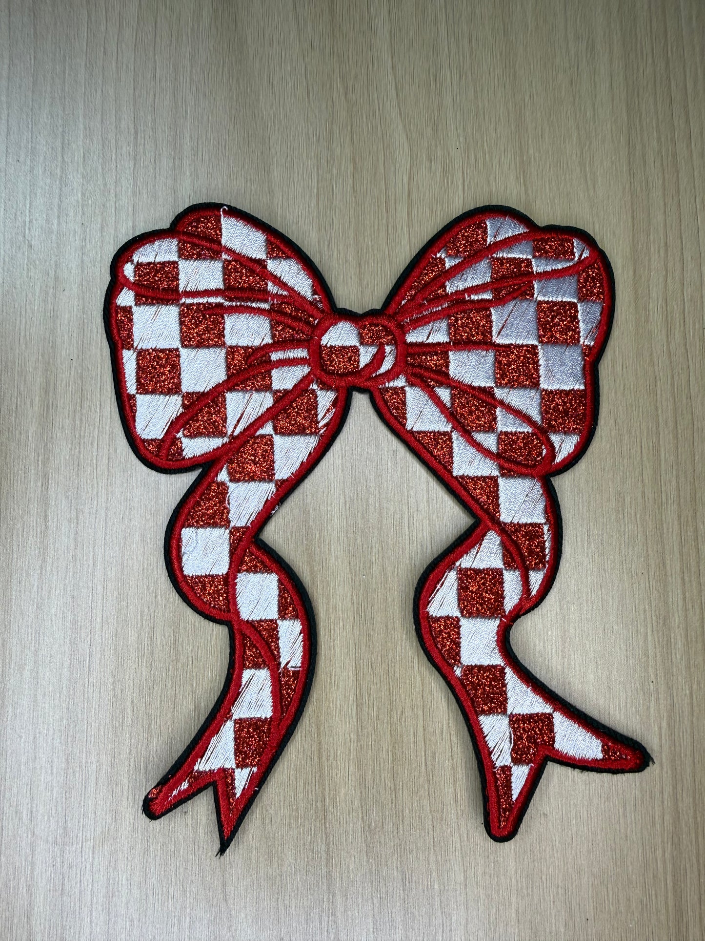 5” Glitter Bow Iron on Patch Red and White Checkered