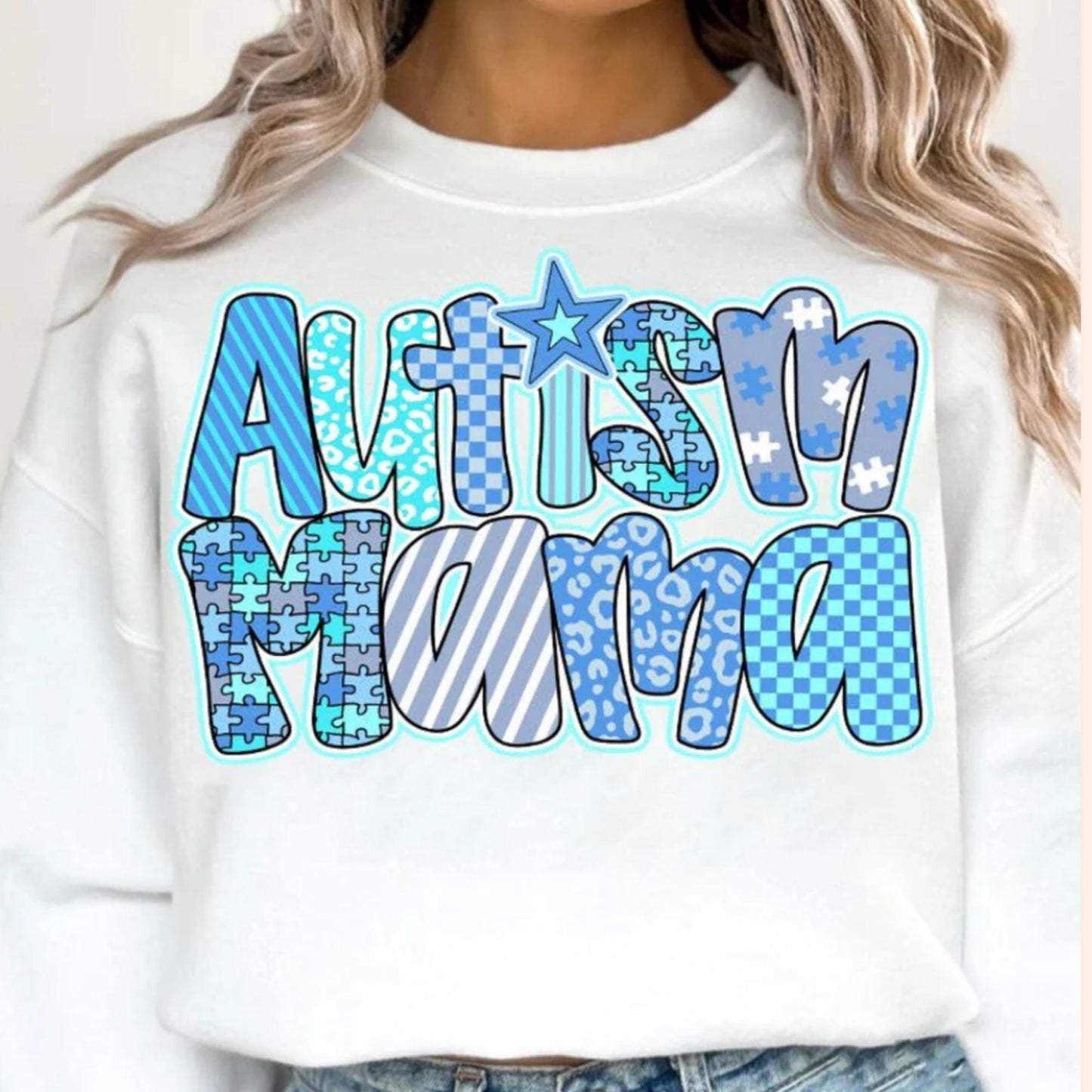 Glitter Screen Print Blue Autism Mama - T-shirt, Crewneck and Hoodie