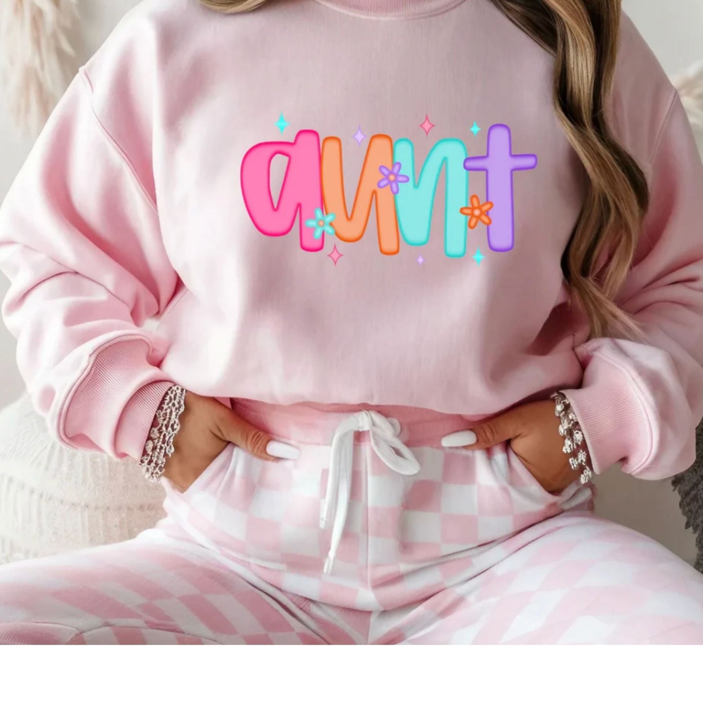 Auntie Vibes Pastel Glitter Tee Crewneck Hoodie