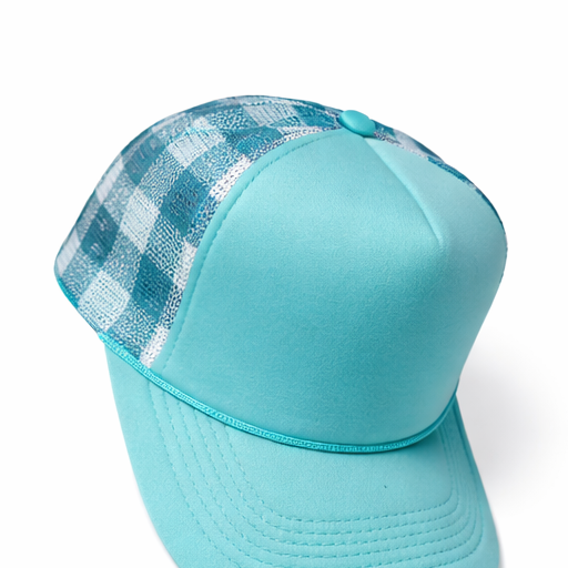 Turquoise & White Checkered Trucker Hat | Custom Patch Hat Base