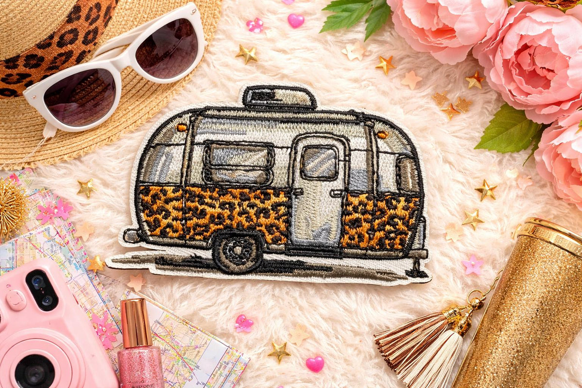 Vintage Camper Patch | Leopard Print Retro Trailer Embroidered Iron-On