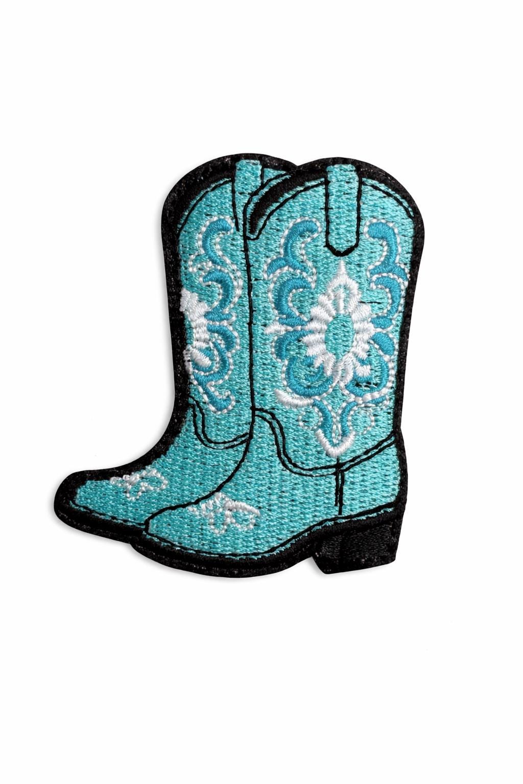 Turquoise Embroidered Cowboy Boot Patch | Western Hat Iron-On Badge