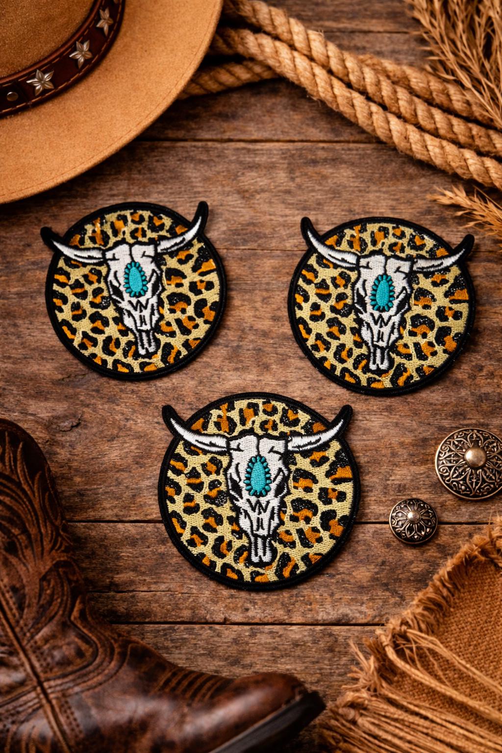 Leopard Longhorn Skull Patch, Turquoise Cowgirl Iron-On, Western Trucker Hat Applique