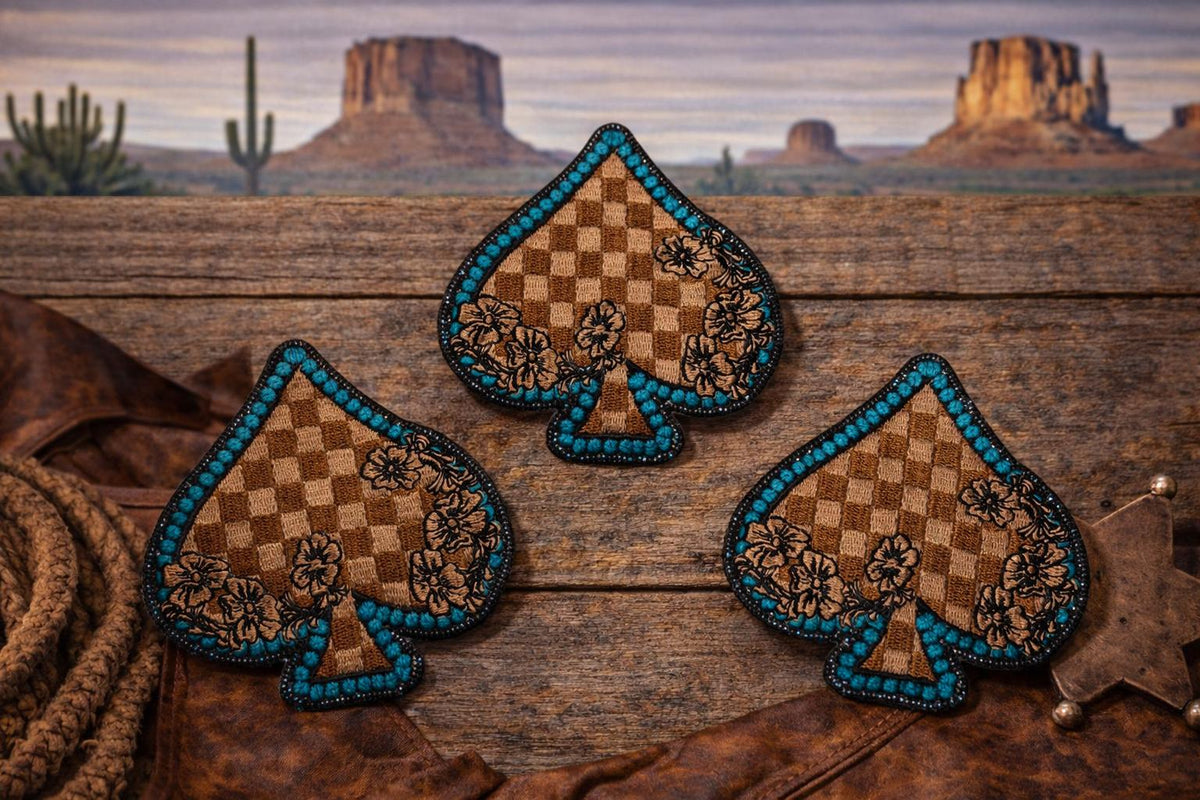 Spade Patch Western Embroidered Iron On Patch Turquoise Floral Cowgirl Hat Accessory