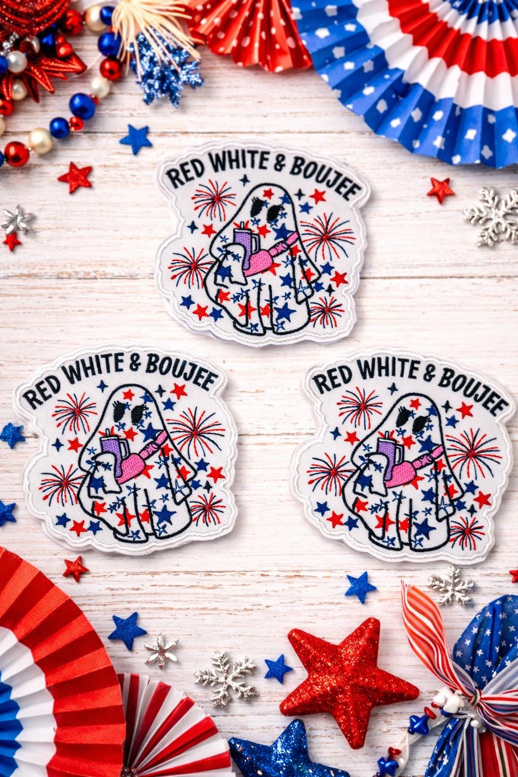 Red White Boujee Ghost Patch, Fourth of July Patriotic Iron-On Embroidered (3 Inch)