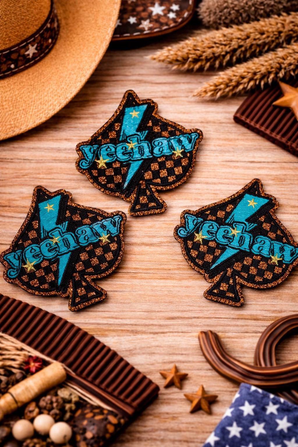 Yeehaw Spade Patch, Embroidered Western Lightning Bolt Iron-On Applique