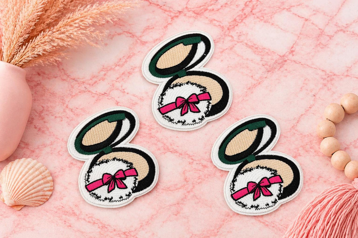 Embroidered Makeup Compact Patch, Pink Girly Cosmetic Iron-On, 3 Inch Hat Patch
