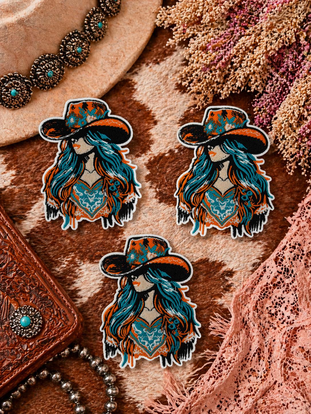 Boho Cowgirl Embroidered Patch, Turquoise Western Hat Applique, Iron-On Sew-On Badge