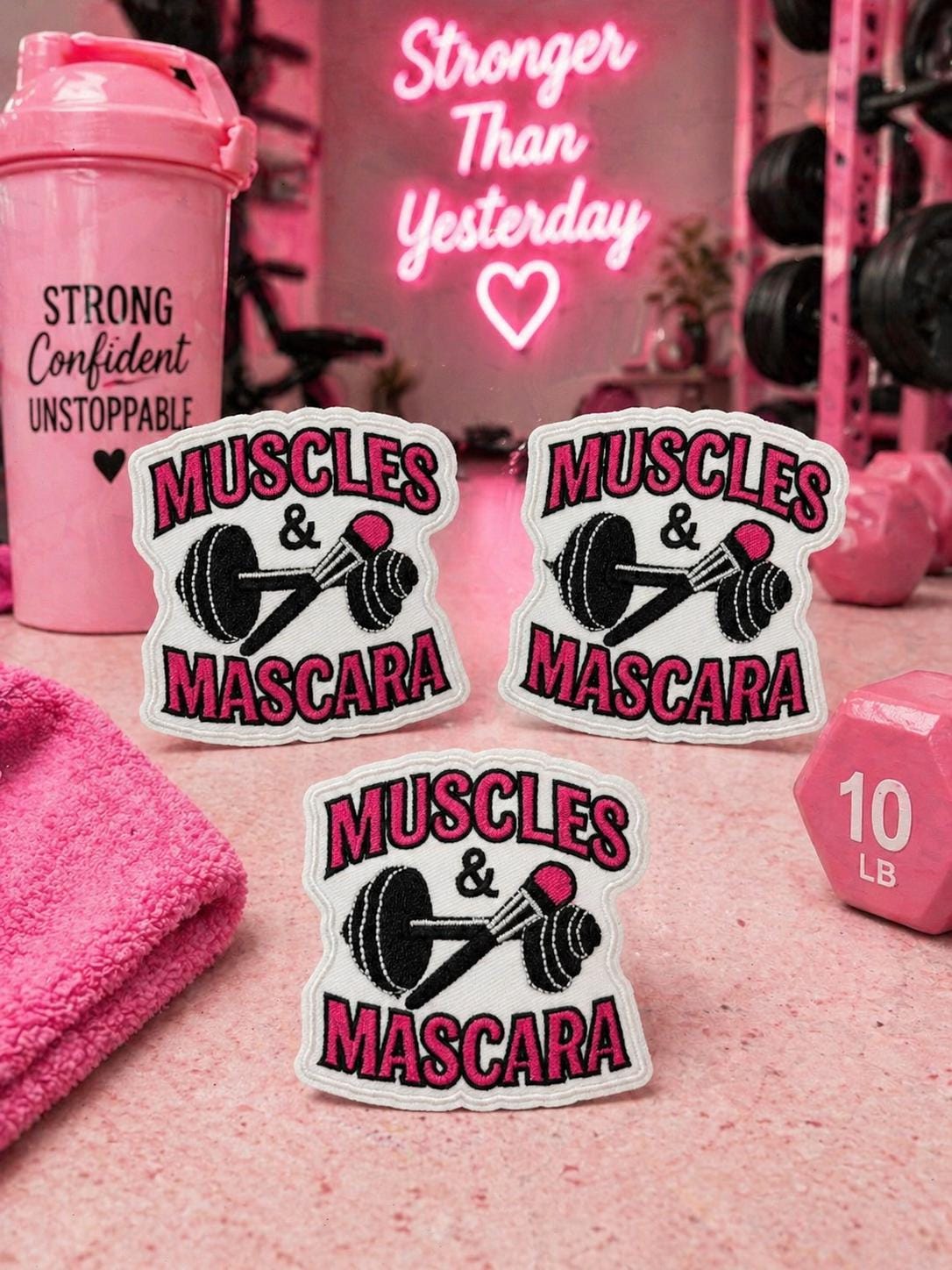 Muscles & Mascara Embroidered Patch, Fitness Weightlifting Hat Applique