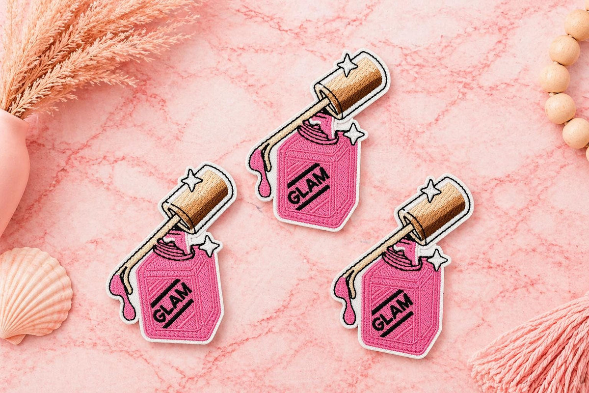 Embroidered Pink Nail Polish Glam Patch, Iron-On Hat Applique