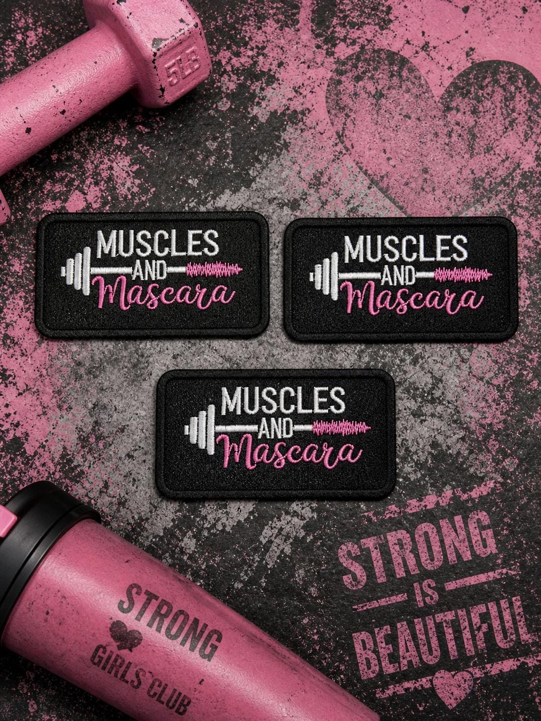 Muscles and Mascara Embroidered Patch, Fitness Gym Workout Hat Applique