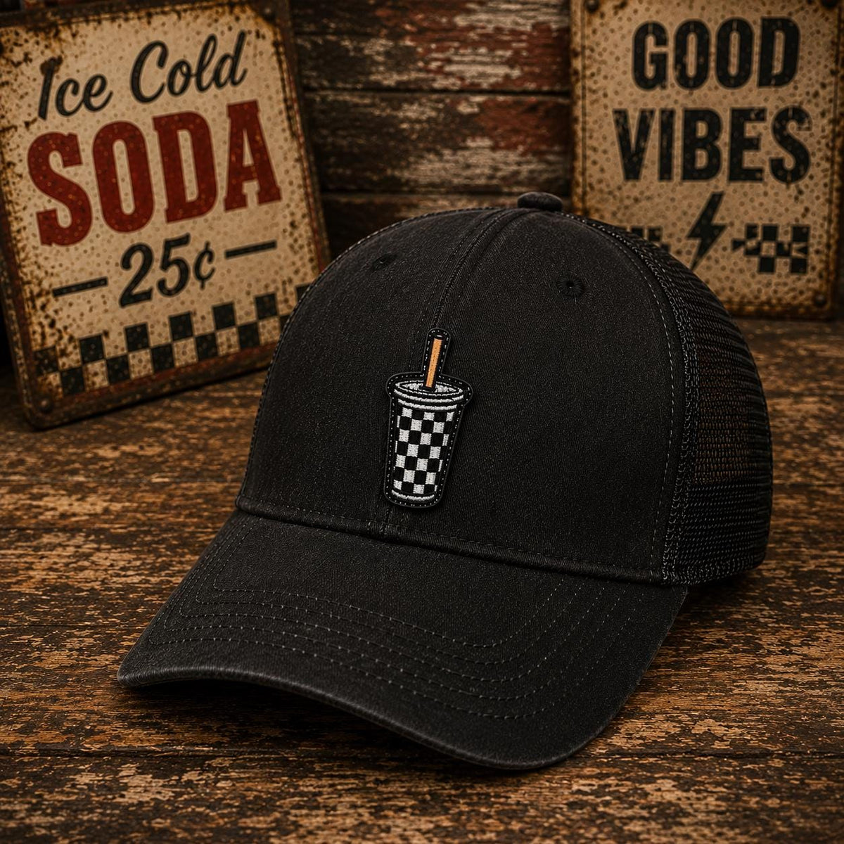 Checkered Soda Cup Patch, Retro Drink, Grunge Racing, Embroidered Applique (3.5 inches)