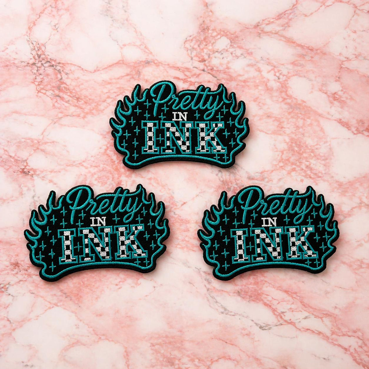 Embroidered Patch, Turquoise Flame, Tattoo Style, Turquoise Glitter Background
