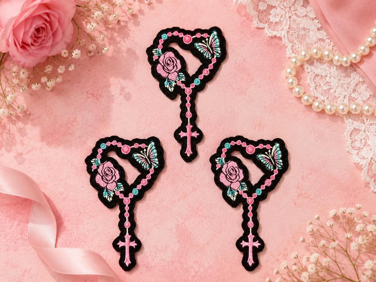 Pink Rosary Heart Embroidered Iron-On Patch