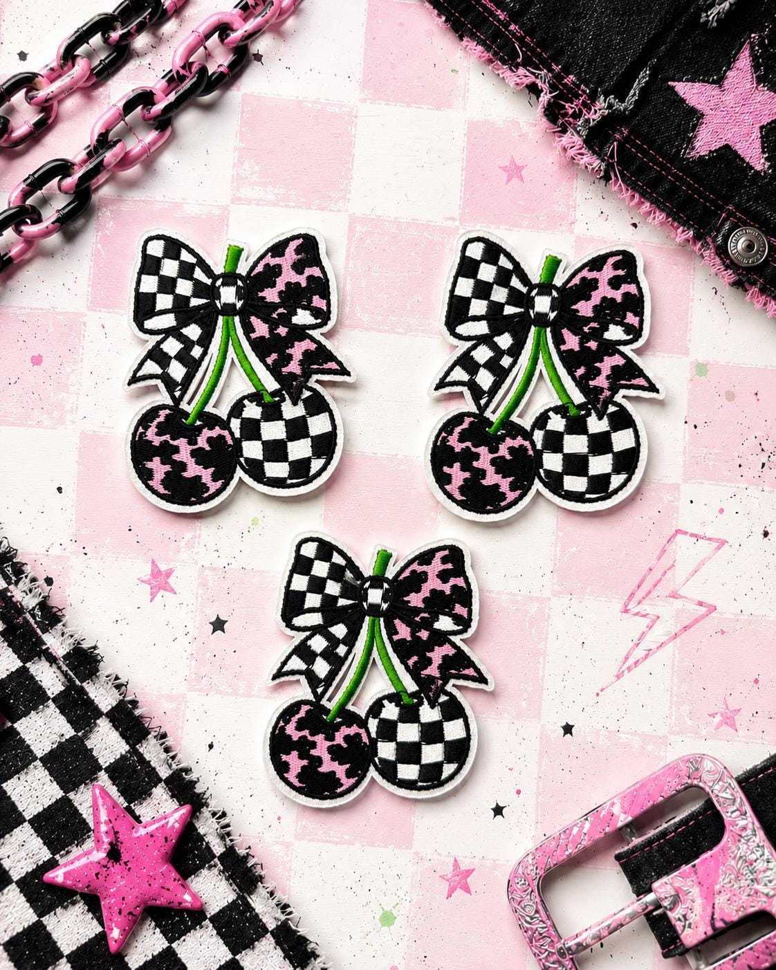 Pink Cow Print & Checker Cherry Bow Embroidered Iron-On Patch