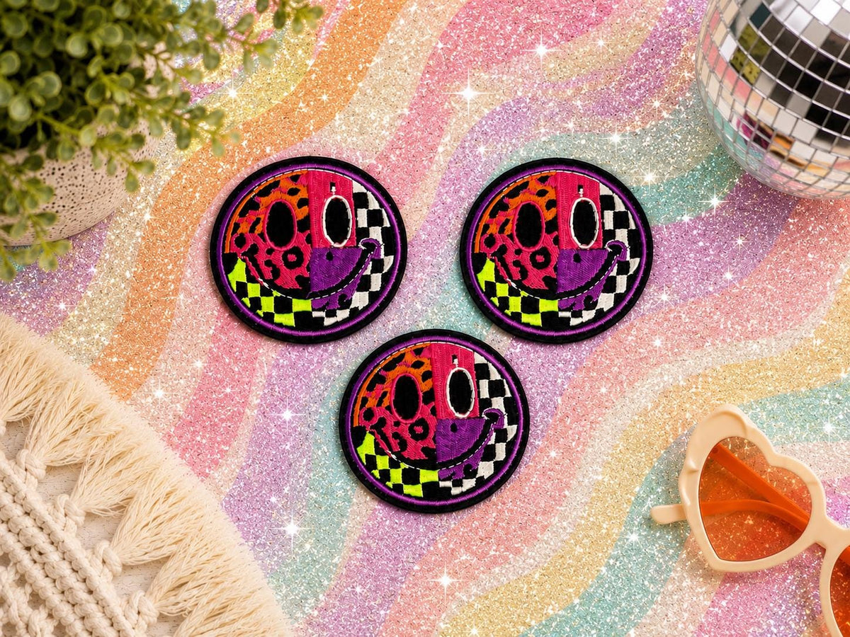 Retro Neon Smiley Face Embroidered Patch