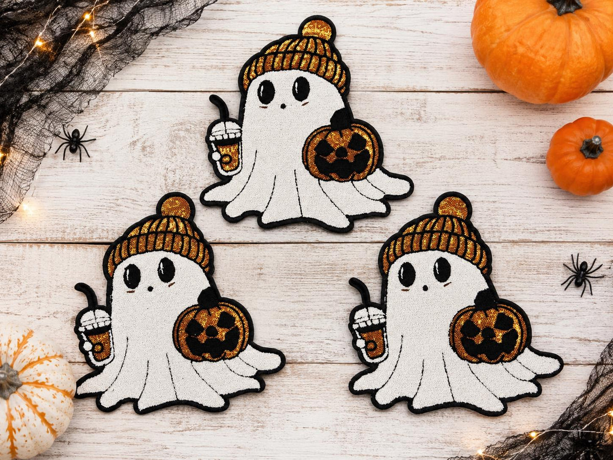 Cozy Ghost Pumpkin Spice Large Embroidered Iron-On Patch