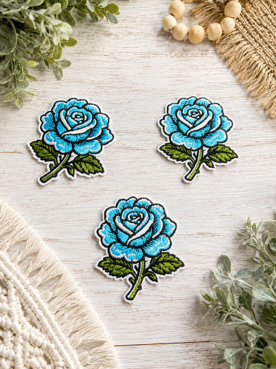 Turquoise Blue Rose Embroidered Patch