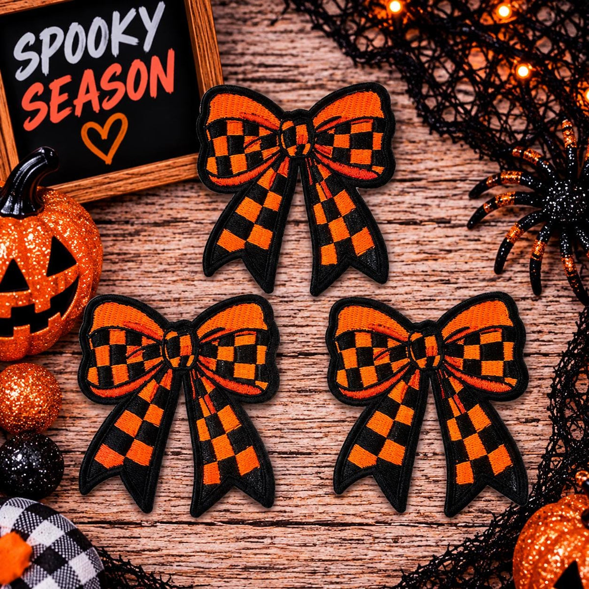 Orange & Black Checkered Bow Halloween Patch