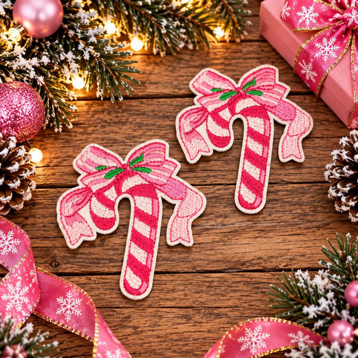 Pink Candy Cane Bow Christmas Embroidered Patch