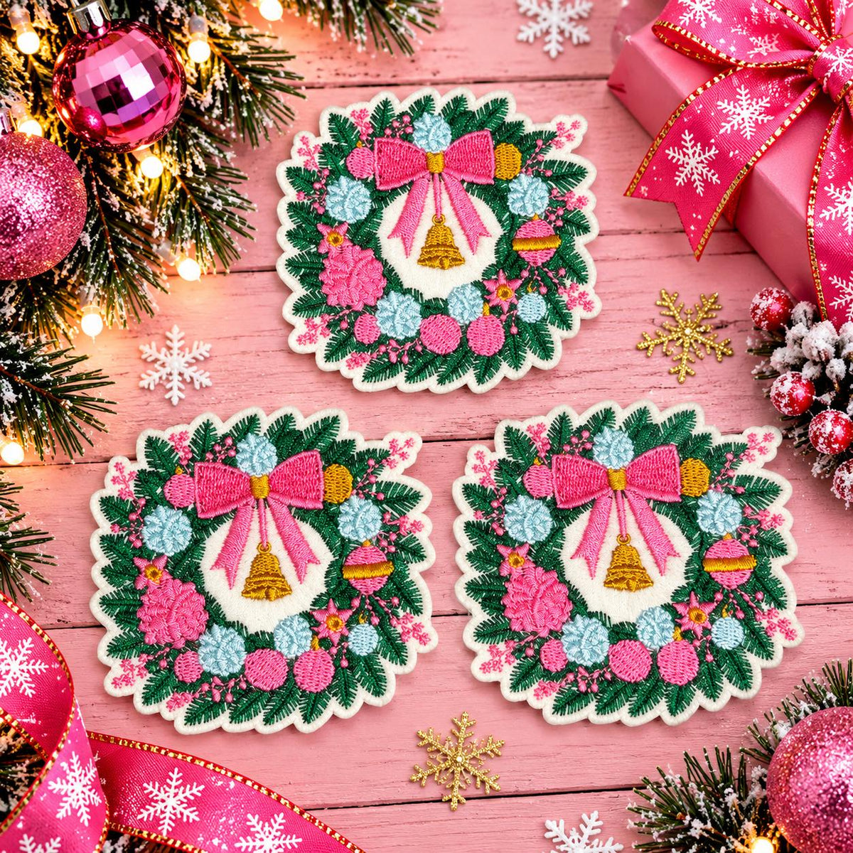 Pink Bow Christmas Wreath Embroidered Patch