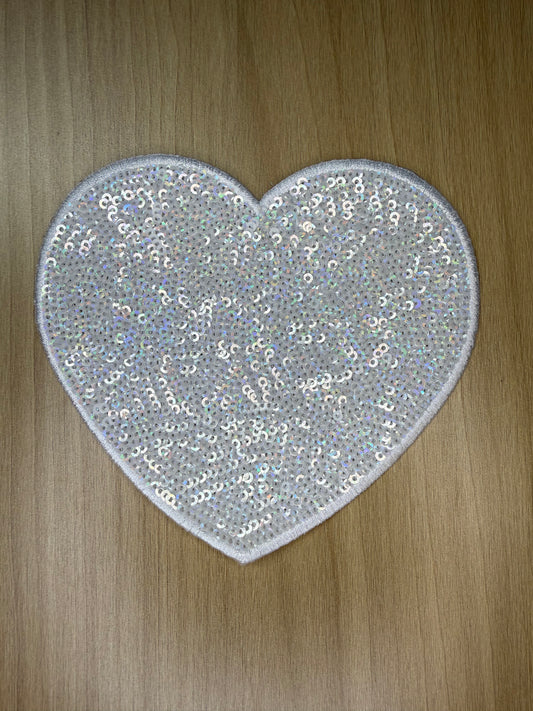 5” Sequins Heart Iron on Patch White
