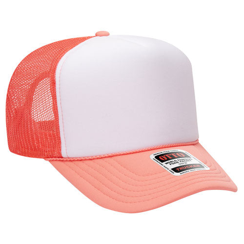 OTTO CAP 5 Panel High Crown Mesh Back Trucker Hat Adult Coral/White