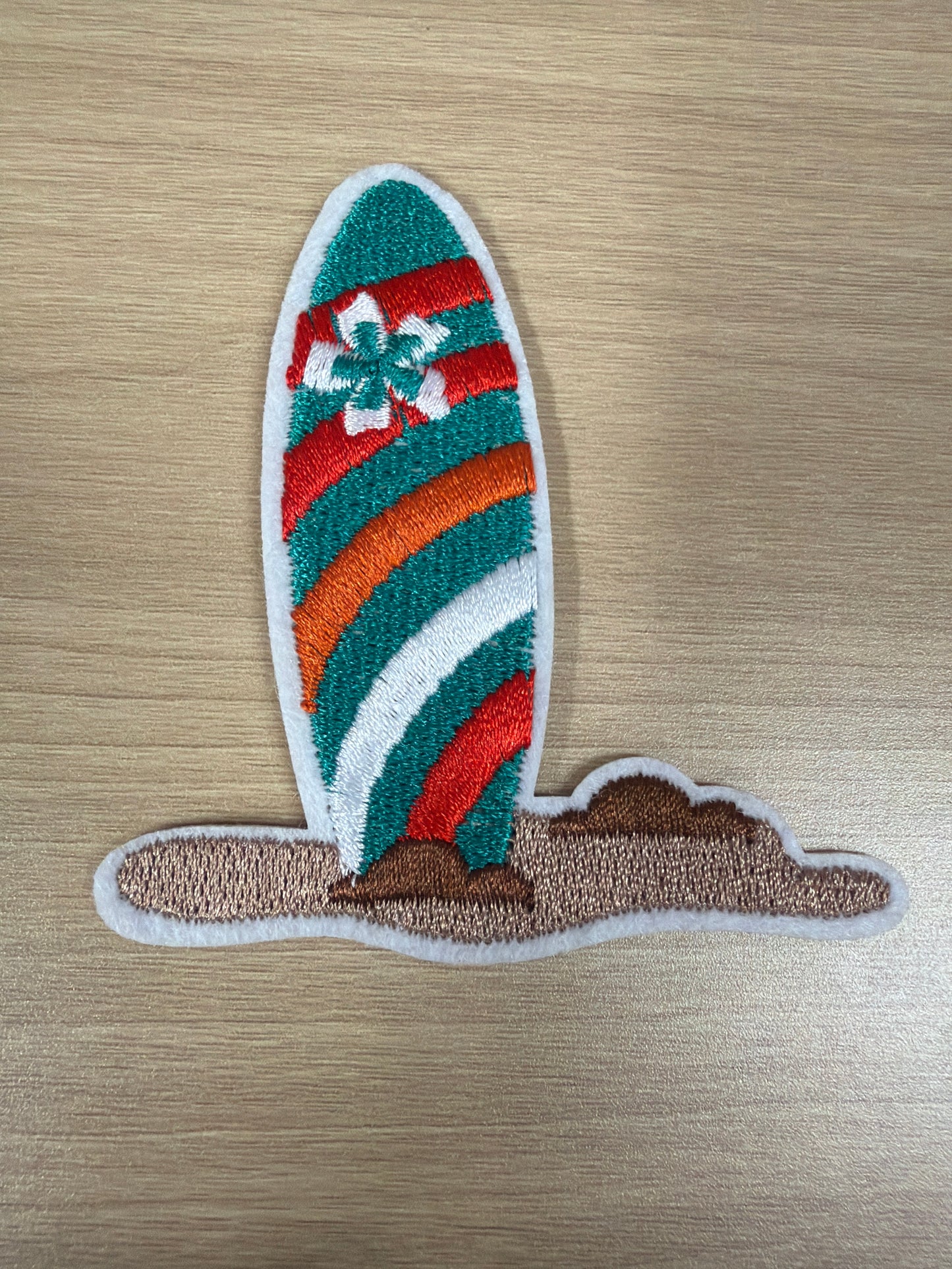 Surfboard In Sand Iron On Patch – Coastal Beach Lover Style