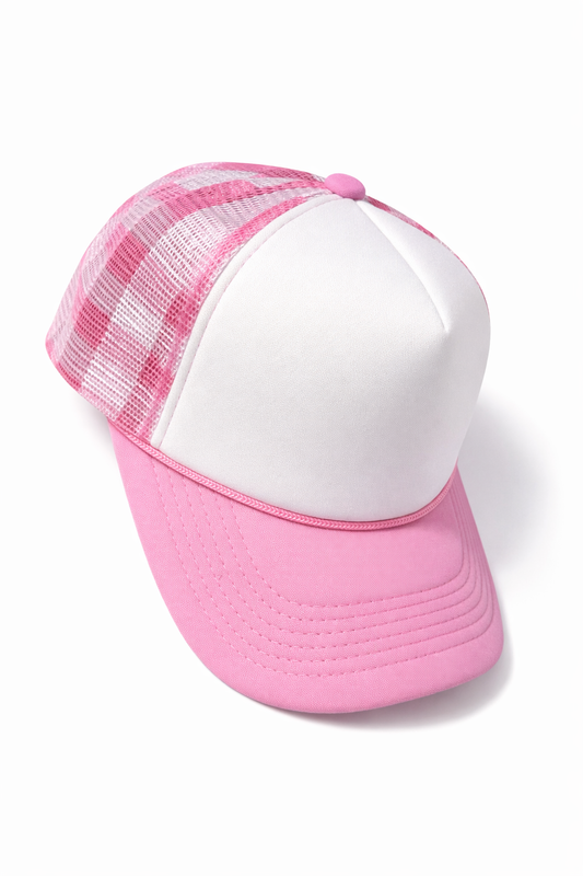 Pink & White Checkered Trucker Hat | Custom Patch Hat Base
