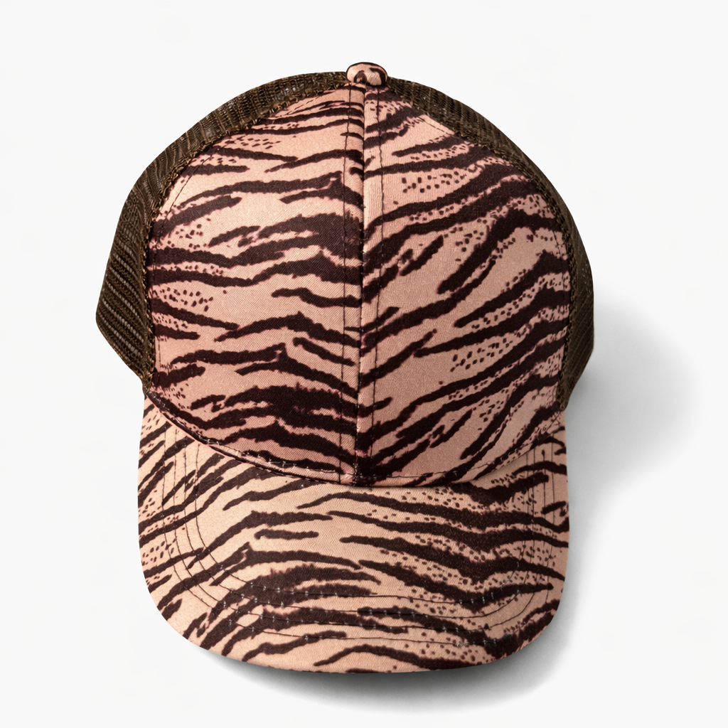 Tan/Brown Tiger Stripe Ponytail Trucker Hat