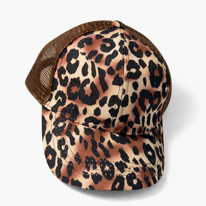 Leopard Print Ponytail Trucker Hat