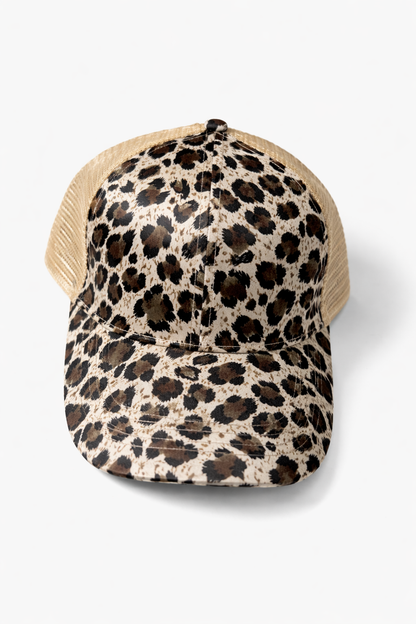 Neutral Leopard Ponytail Trucker Hat