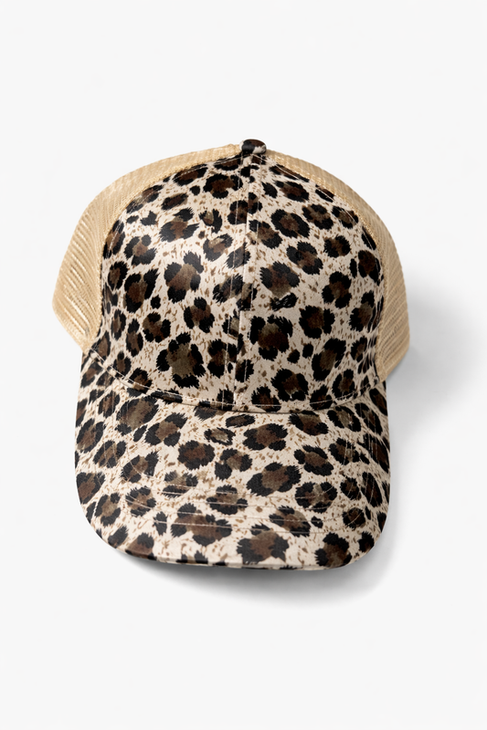 Neutral Leopard Ponytail Trucker Hat