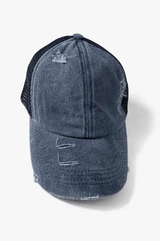 Distressed Denim Criss-Cross Ponytail Trucker Hat