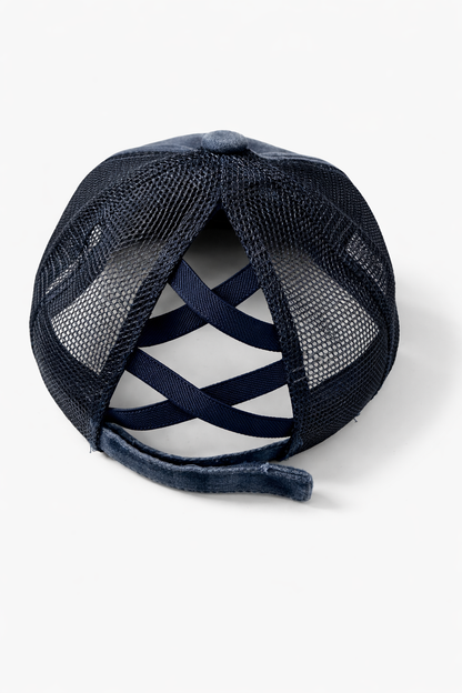 Distressed Denim Criss-Cross Ponytail Trucker Hat