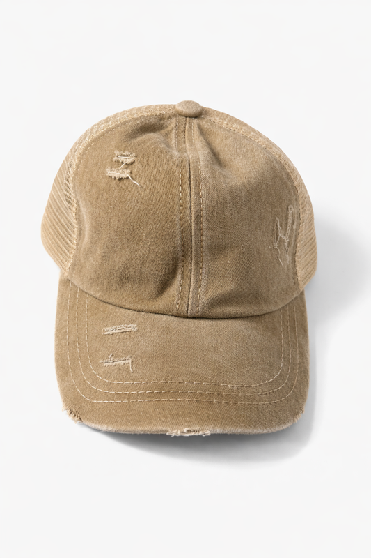 Distressed Beige Criss-Cross Ponytail Trucker Hat