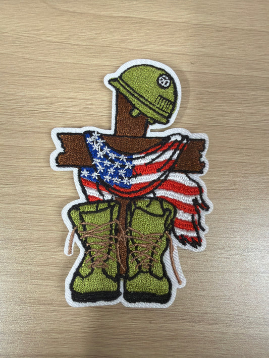 Fallen Soldier Memorial Cross Iron On Patch – Remembrance Tribute