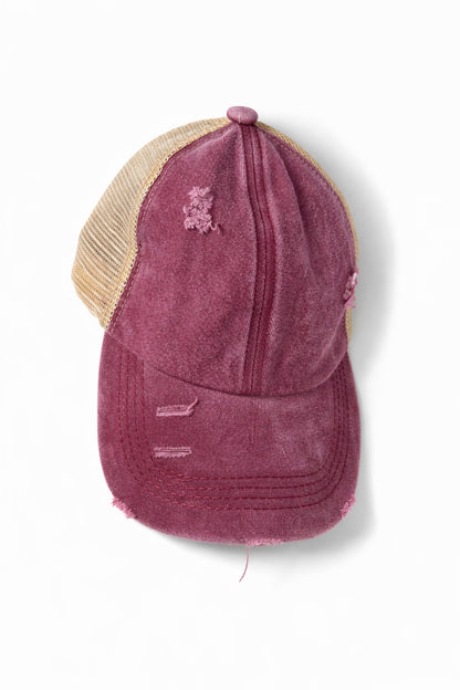 Distressed Maroon Criss-Cross Ponytail Trucker Hat