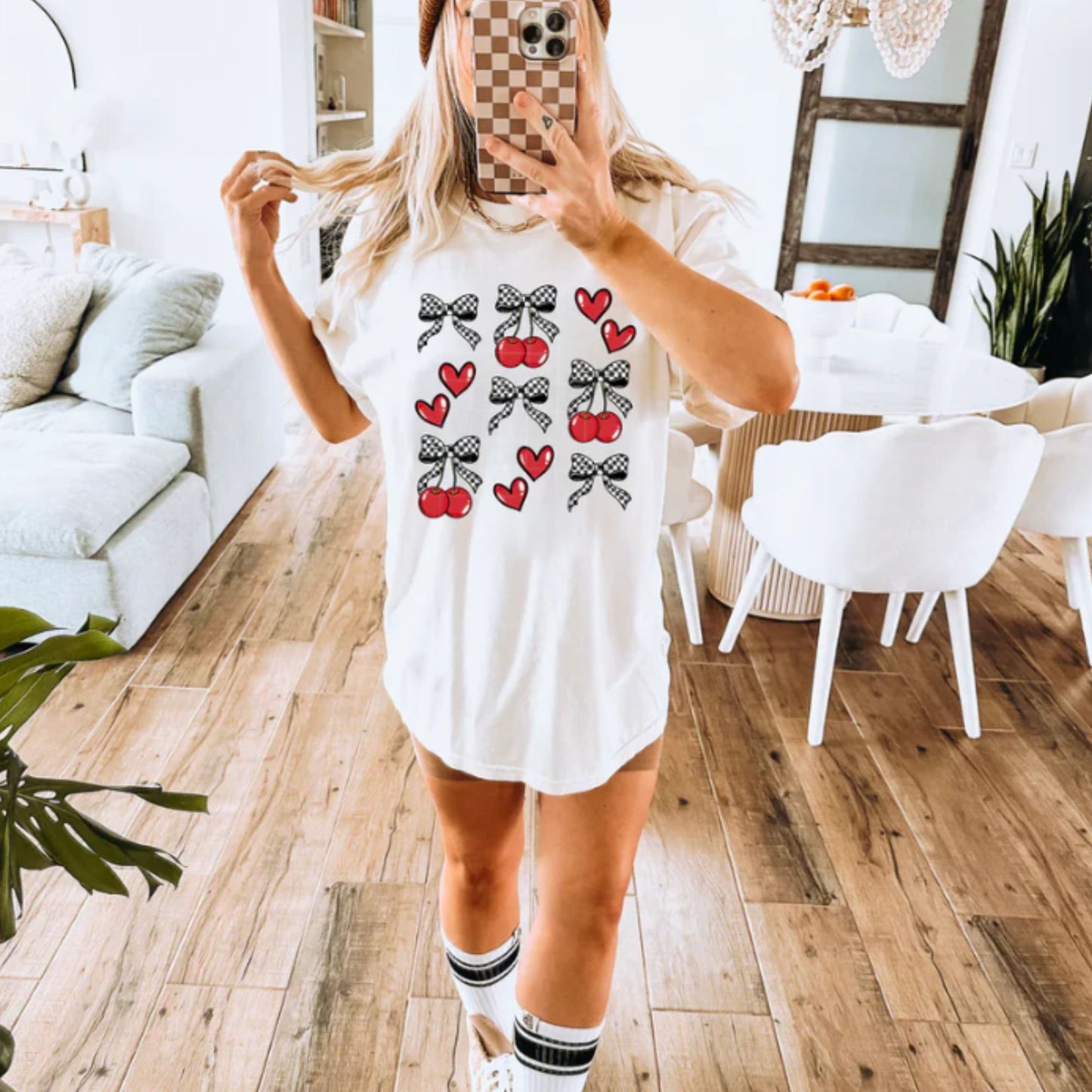 Glitter Screen Print Cherry Checkered Bow