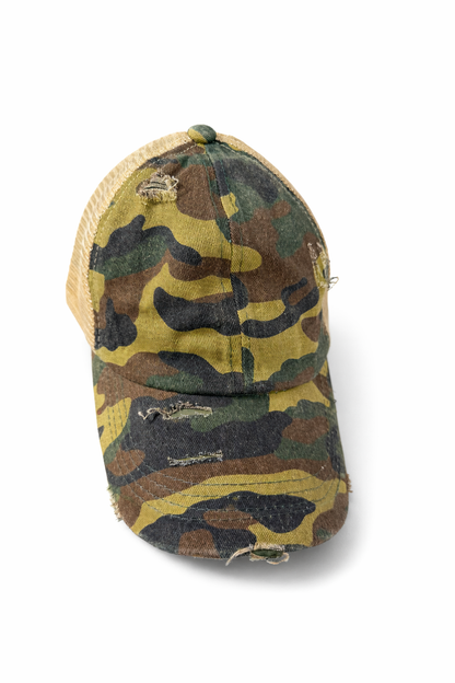 Distressed Camo Criss-Cross Ponytail Trucker Hat