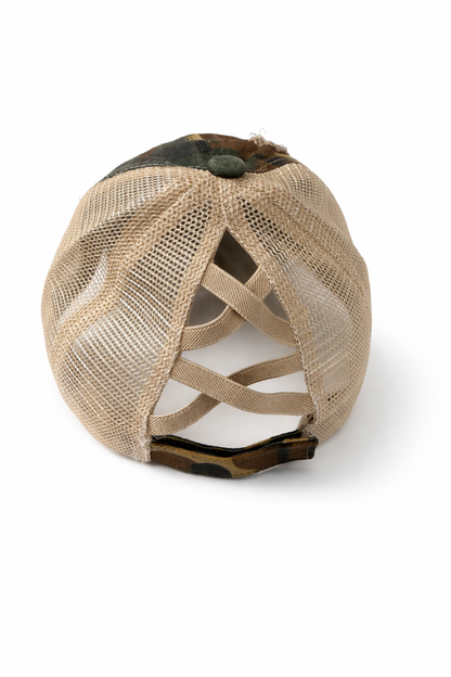 Distressed Camo Criss-Cross Ponytail Trucker Hat