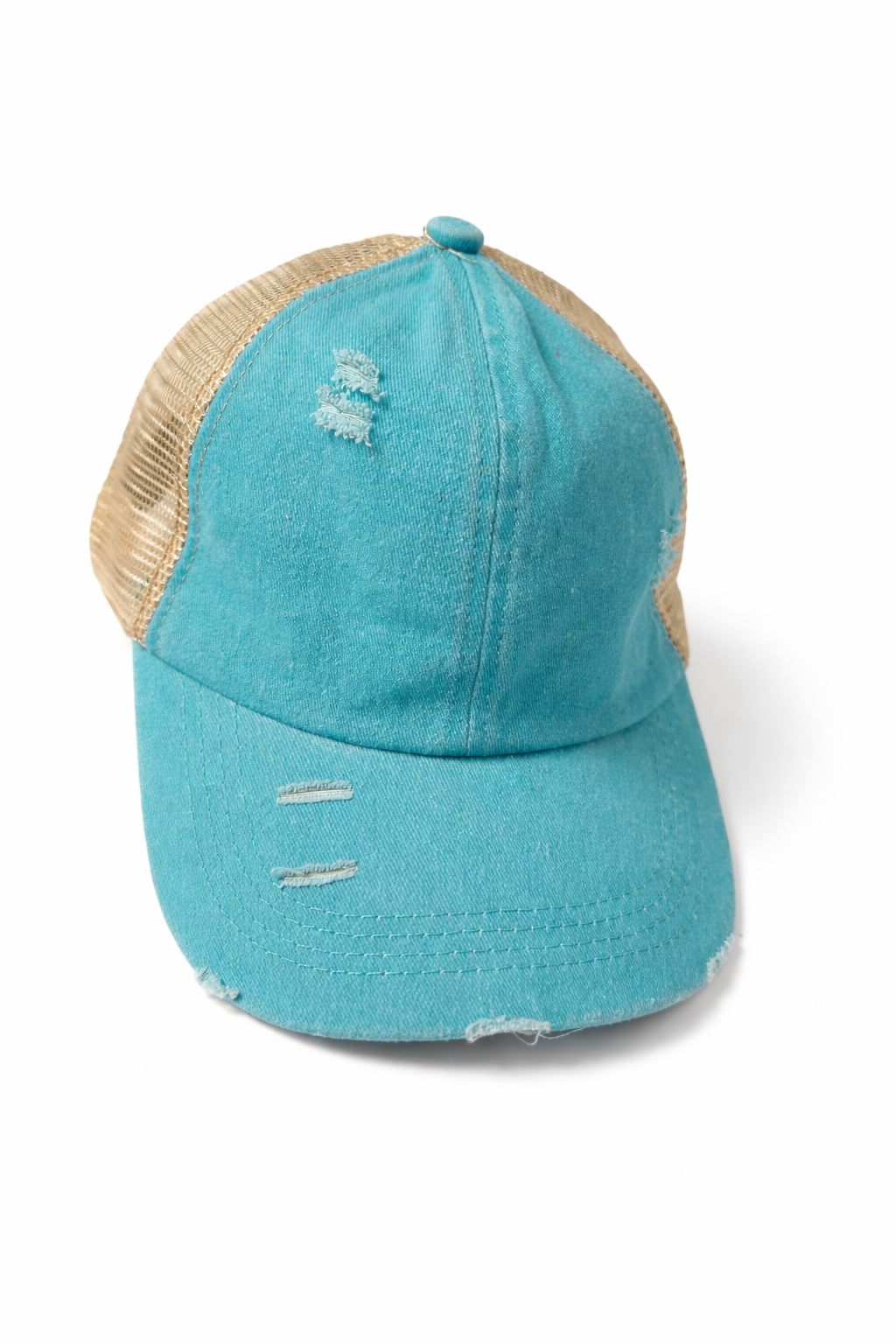 Distressed Turquoise Criss-Cross Ponytail Trucker Hat